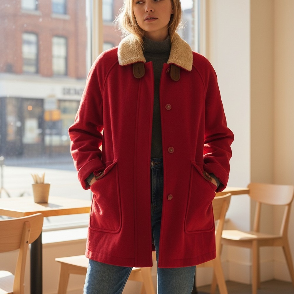 Vintage Macintosh Wool Coat Shearling Collar Red Women's 16 XL Oversized